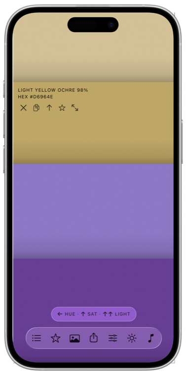 HilloColor palette with a selected color, values, actions and dock.
